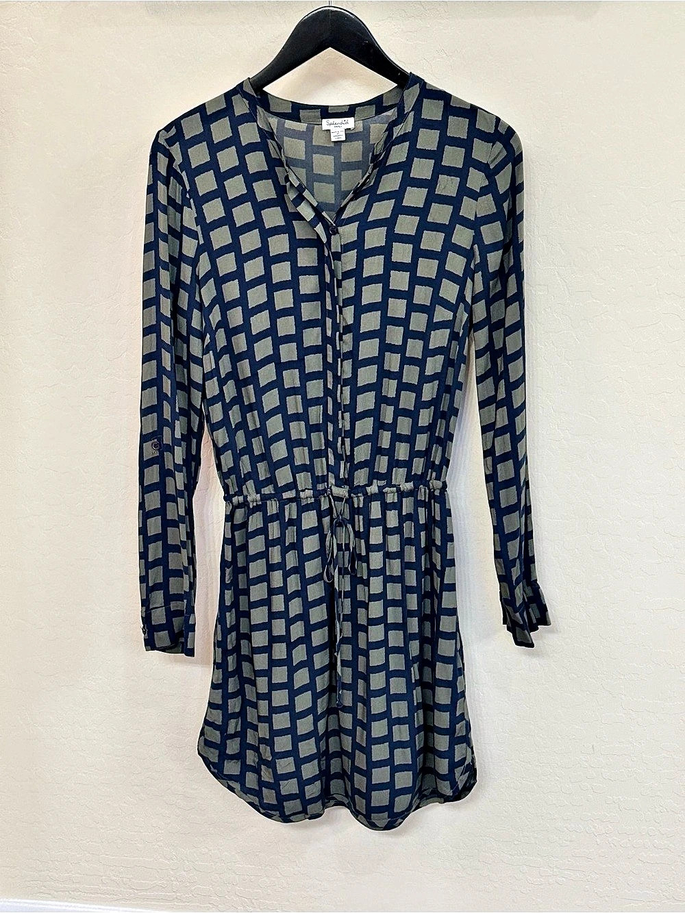 Splendid Navy & Olive Green Windowpane Plaid Shirt Dress Size Small